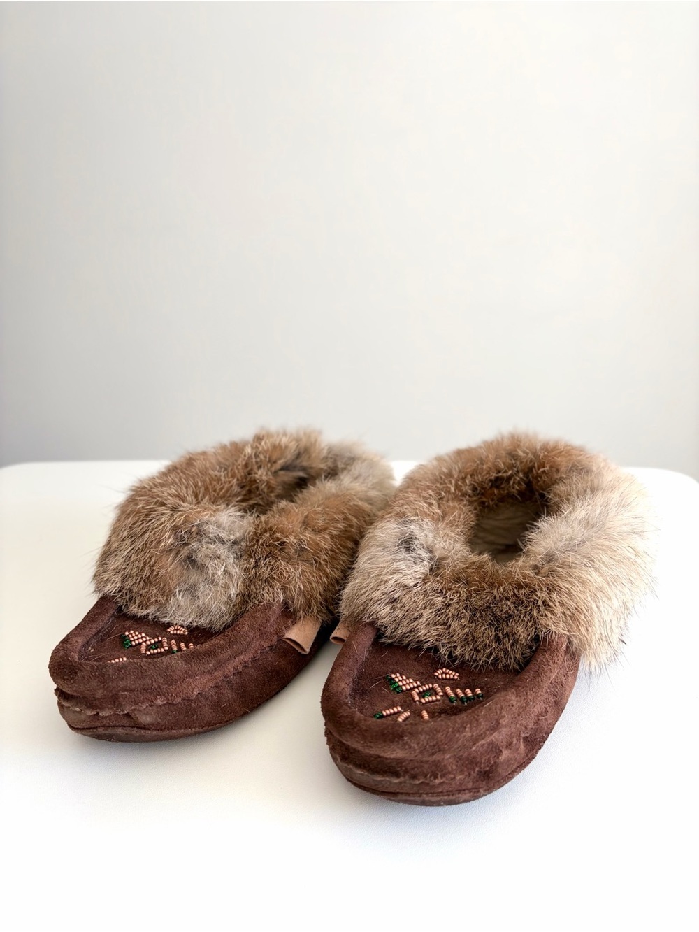 Laurentian Chief - Beaded Suede Rabbit Fur Moccasins